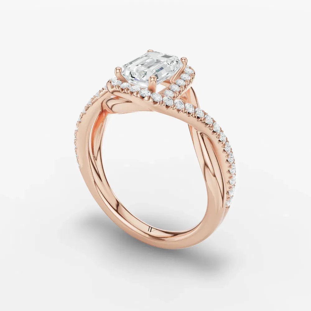 Certified 1 carat Lab Grown Diamond Emerald Cut Halo, Pavé, Twist Engagement Ring in 14K Rose Gold-Dell