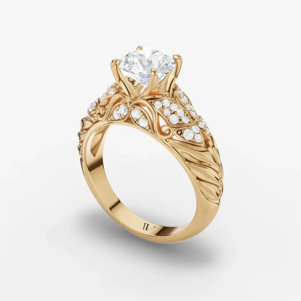 Certified 1 carat Lab Grown Diamond Round Cut Nature inspired, Pavé, Unique Engagement Ring in 14K Yellow Gold-Lyric