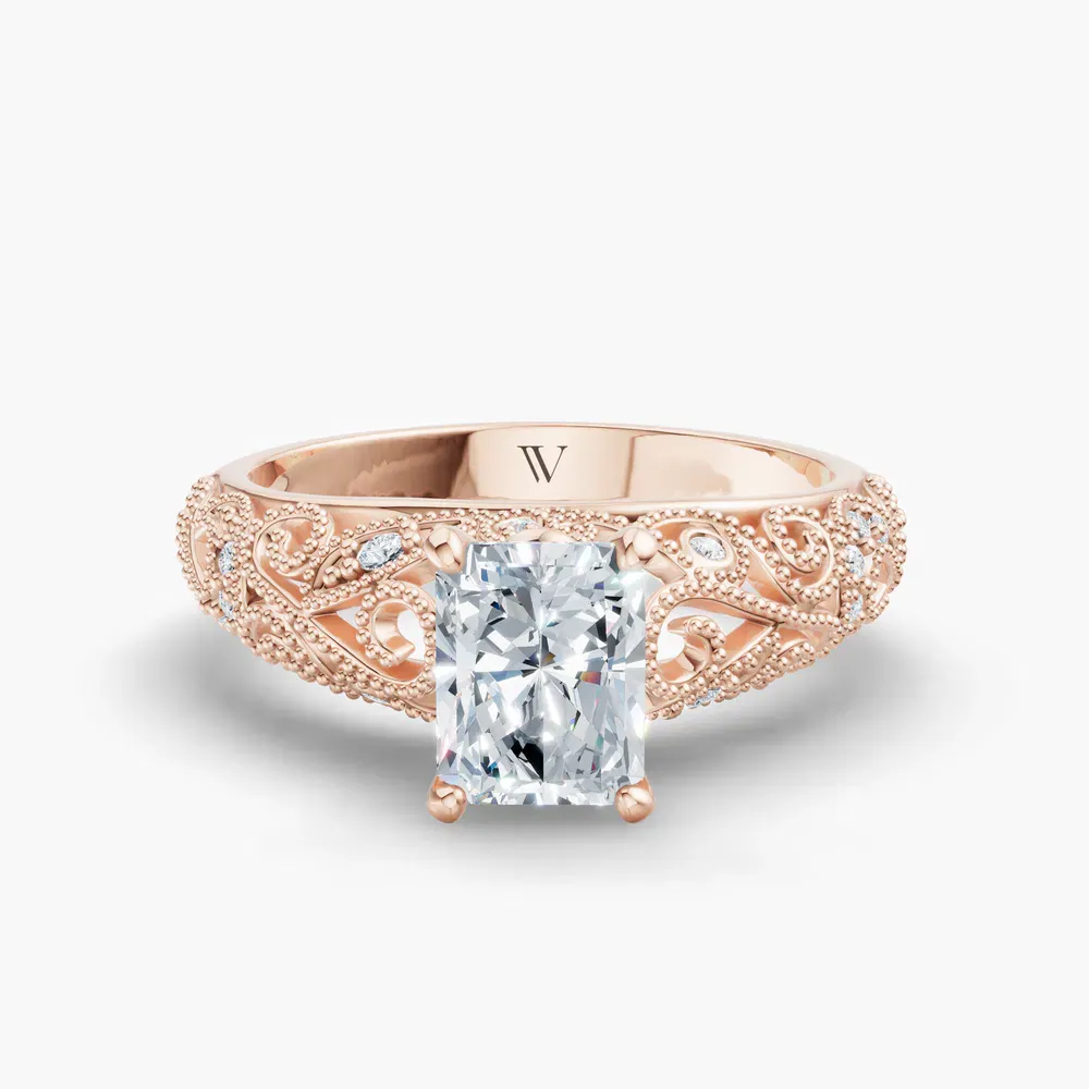 Certified 1 carat Lab Grown Diamond Radiant Cut Vintage, Milgrain, Filigree Engagement Ring in 14K Rose Gold-Jaxen