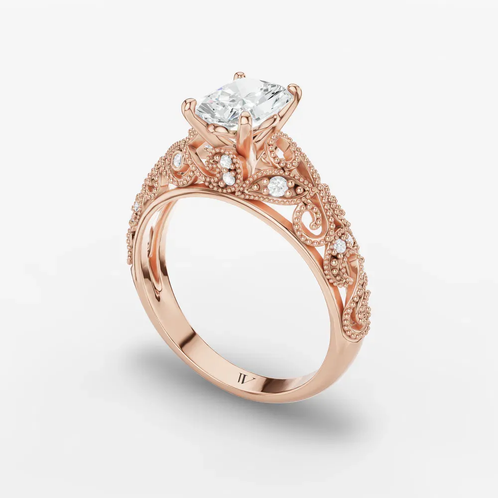 Certified 1 carat Lab Grown Diamond Radiant Cut Vintage, Milgrain, Filigree Engagement Ring in 14K Rose Gold-Jaxen