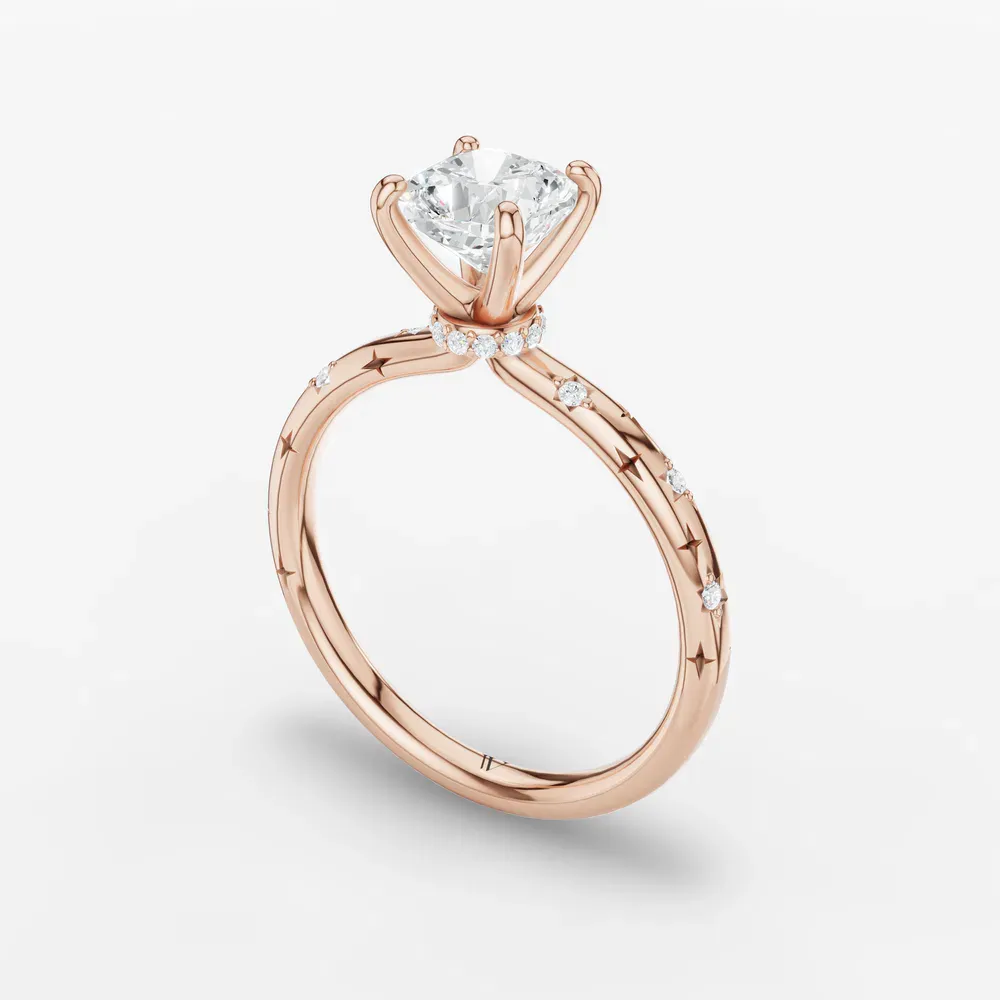Certified 1 carat Lab Grown Diamond Cushion Cut Hidden Halo, Unique, Side Stone Engagement Ring in 14K Rose Gold-Celestyn