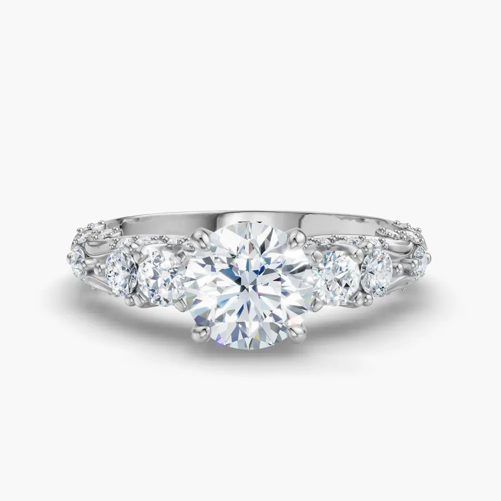 Certified 1 carat Lab Grown Diamond Round Cut Hidden Halo, Unique, Side Stone Engagement Ring in 14K White Gold-Marinia
