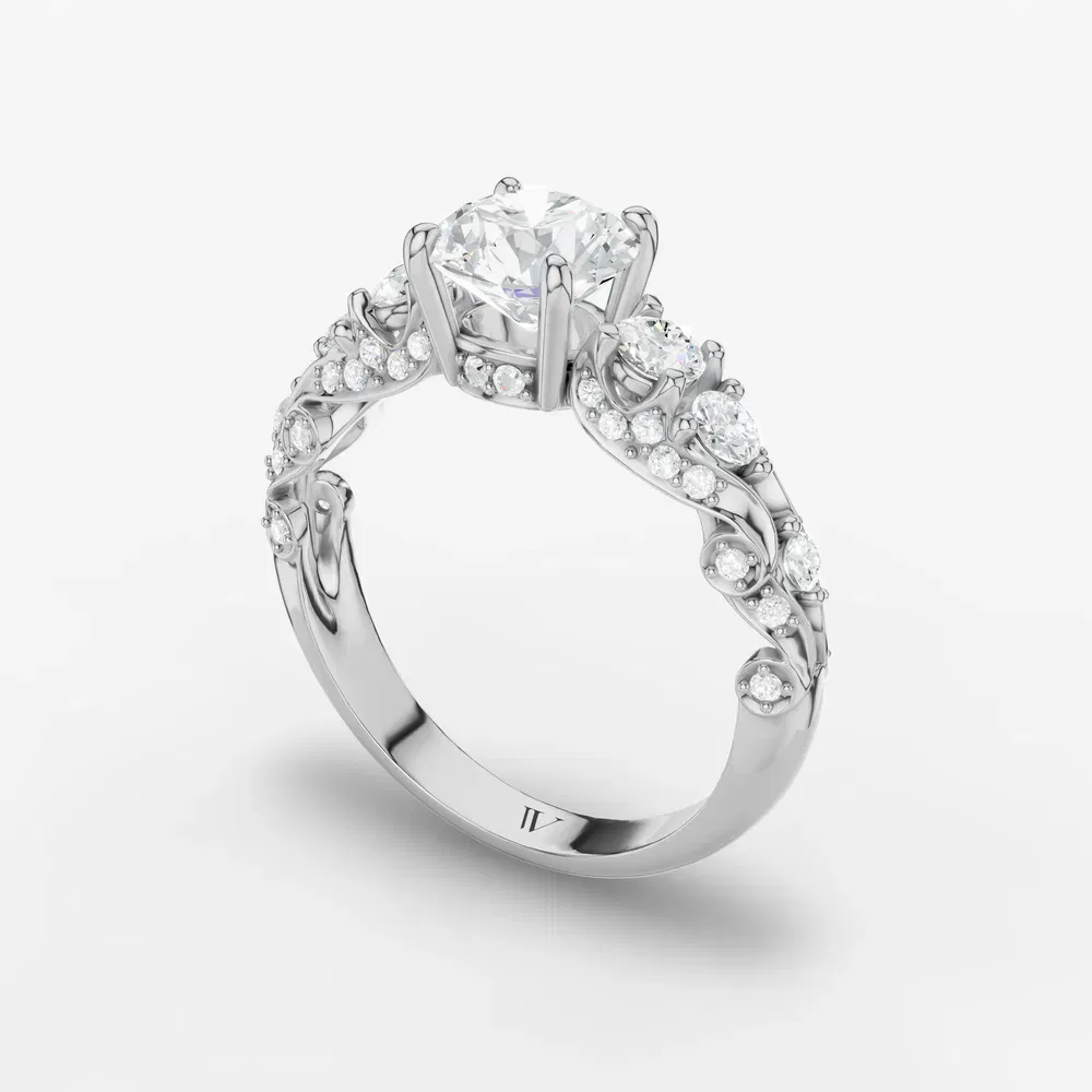 Certified 1 carat Lab Grown Diamond Round Cut Hidden Halo, Unique, Side Stone Engagement Ring in 14K White Gold-Marinia