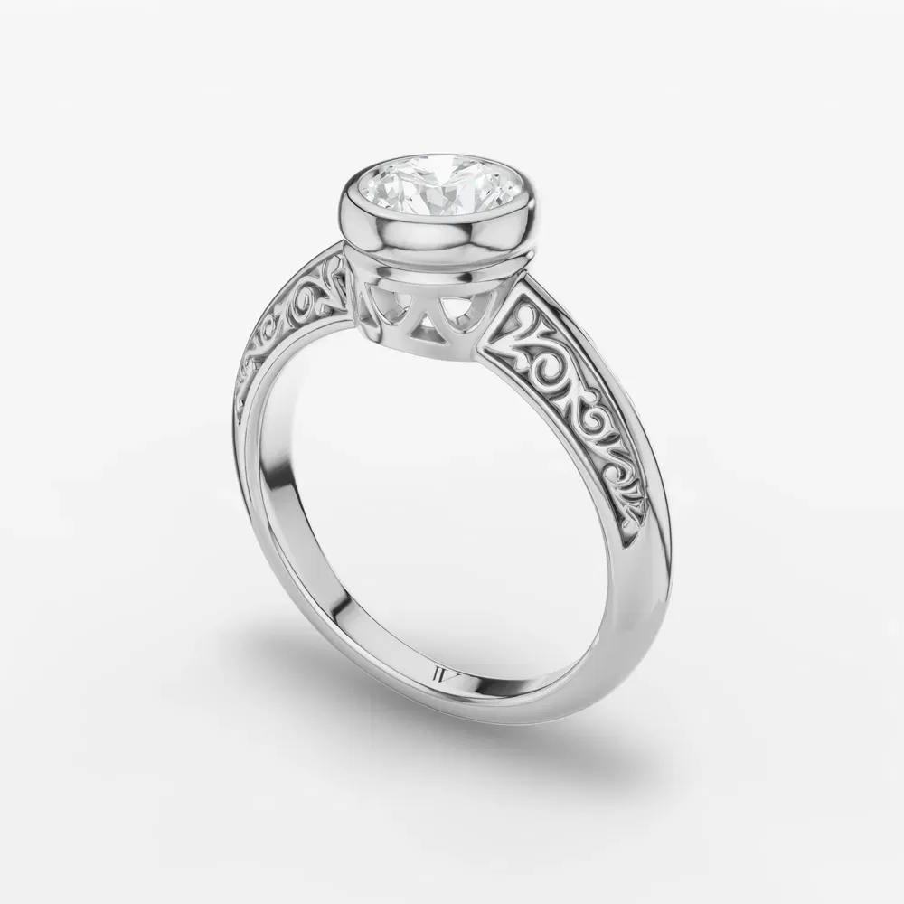 Certified 1 carat Lab Grown Diamond Round Cut Solitaire, Vintage, Bezel Engagement Ring in 14K White Gold-Veyra