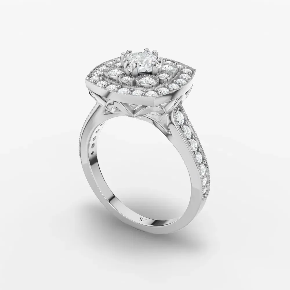 Certified 0.5 carat Lab Grown Diamond Princess Cut Vintage, Double halo, Cluster Engagement Ring in 14K White Gold-Isolde
