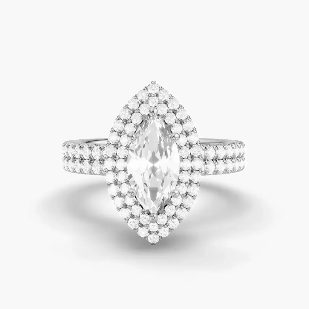 Certified 1 carat Lab Grown Diamond Marquise Cut Pavé, Halo, Hidden Halo Engagement Ring in 14K White Gold-Caela