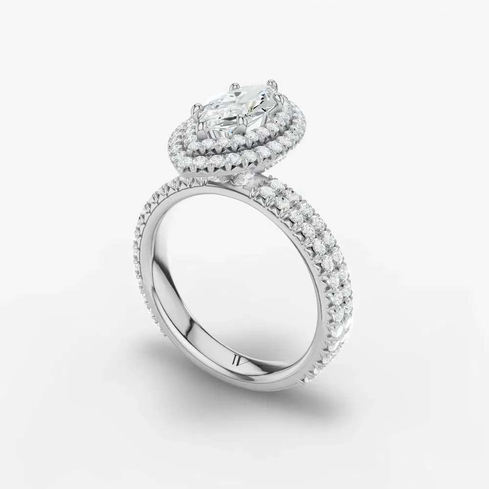 Certified 1 carat Lab Grown Diamond Marquise Cut Pavé, Halo, Hidden Halo Engagement Ring in 14K White Gold-Caela