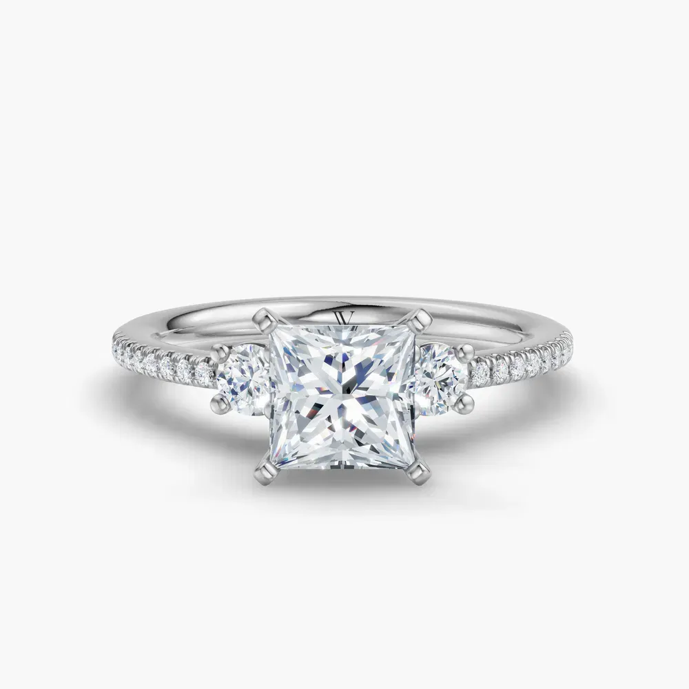 Certified 1 carat Lab Grown Diamond Princess Cut Three Stone, Pavé, Side Stone Engagement Ring in 18K White Gold-Vynix
