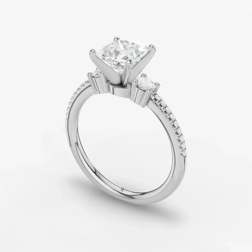 Certified 1 carat Lab Grown Diamond Princess Cut Three Stone, Pavé, Side Stone Engagement Ring in 18K White Gold-Vynix
