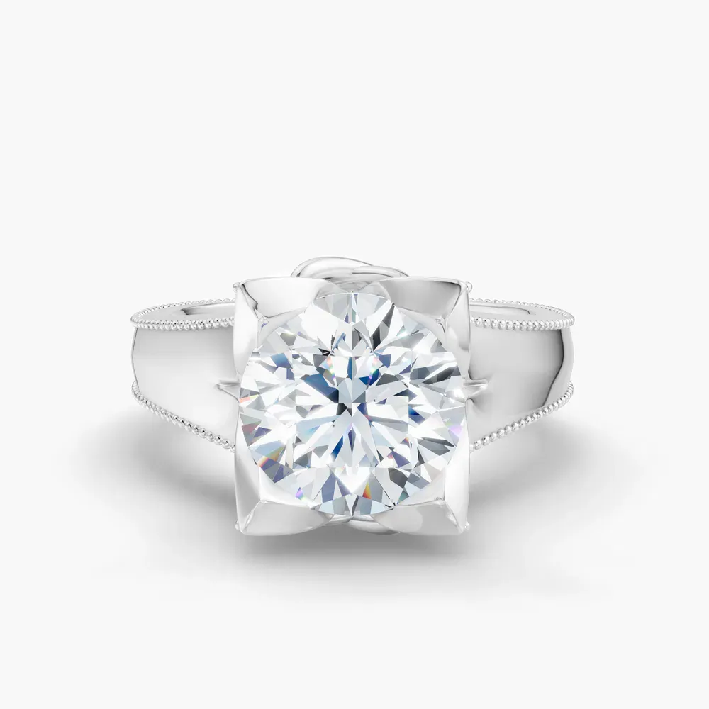 Certified 1 carat Lab Grown Diamond Round Cut Solitaire, Twist, Milgrain Engagement Ring in 18K White Gold-Ivryn