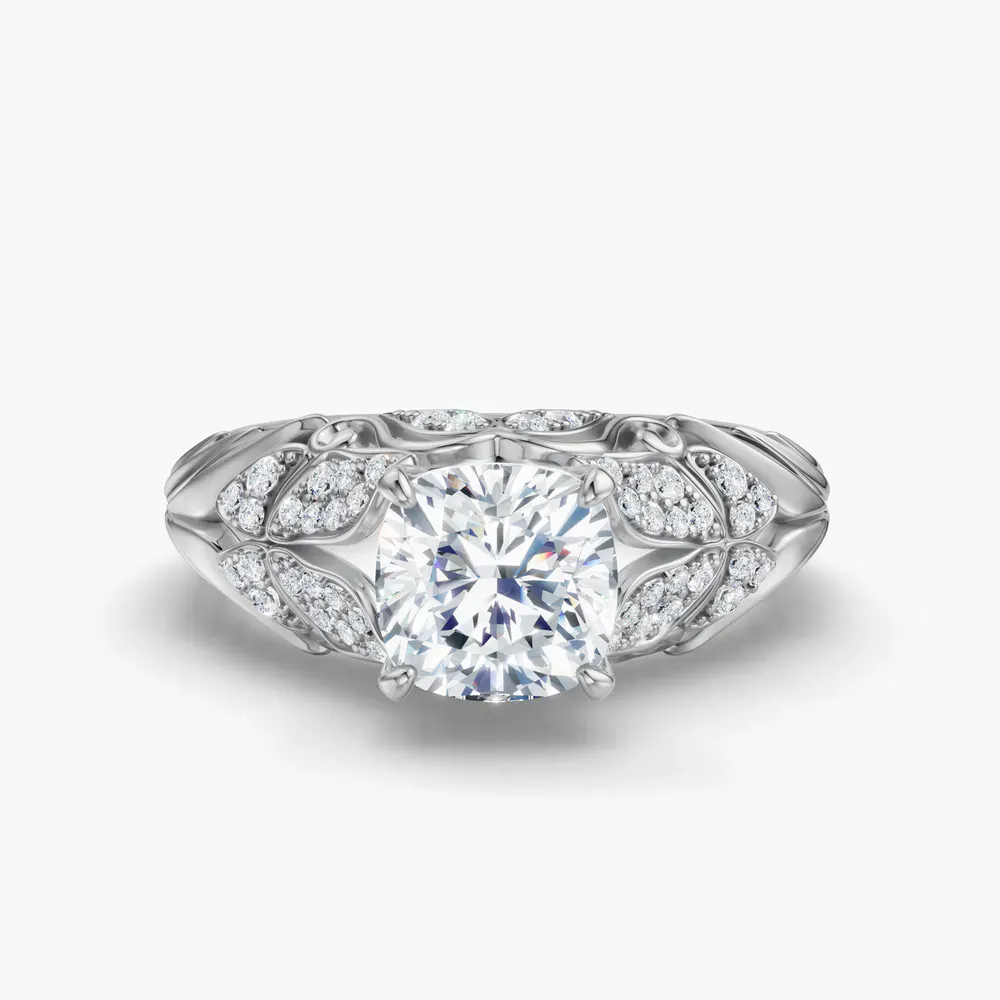 Certified 1 carat Lab Grown Diamond Cushion Cut Nature inspired, Pavé, Unique Engagement Ring in 18K White Gold-Lyric