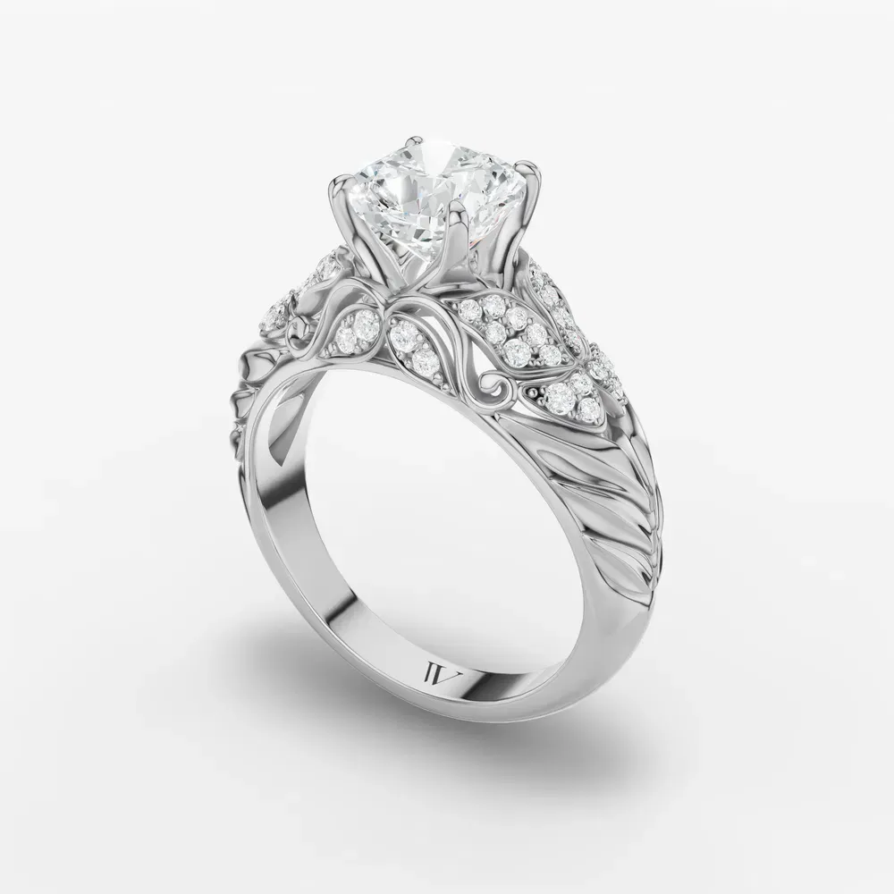 Certified 1 carat Lab Grown Diamond Cushion Cut Nature inspired, Pavé, Unique Engagement Ring in 18K White Gold-Lyric