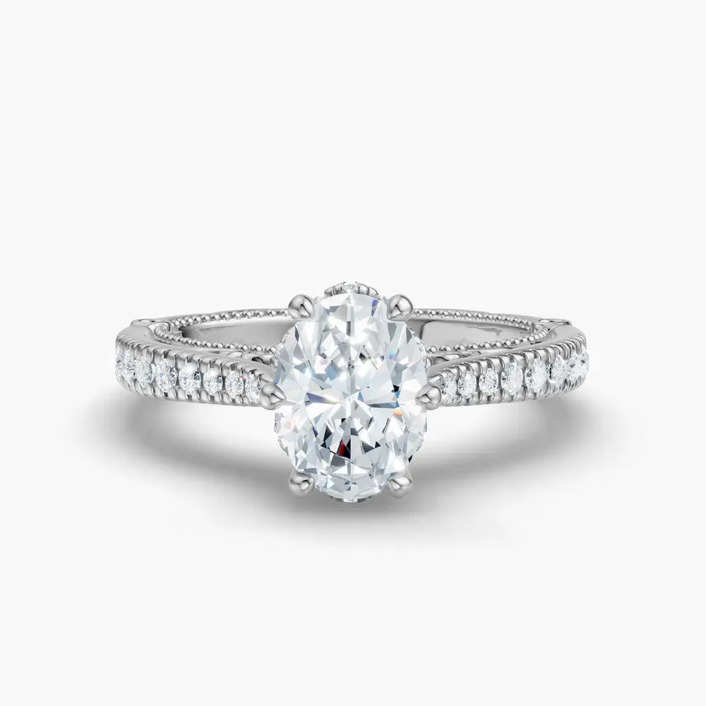 Certified 1 carat Lab Grown Diamond Oval Cut Milgrain, Filigree, Nature inspired Engagement Ring in 18K White Gold-Vespera