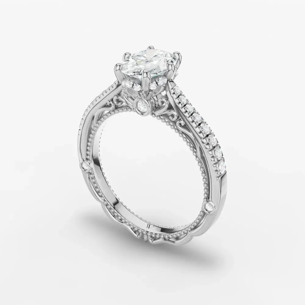 Certified 1 carat Lab Grown Diamond Oval Cut Milgrain, Filigree, Nature inspired Engagement Ring in 18K White Gold-Vespera