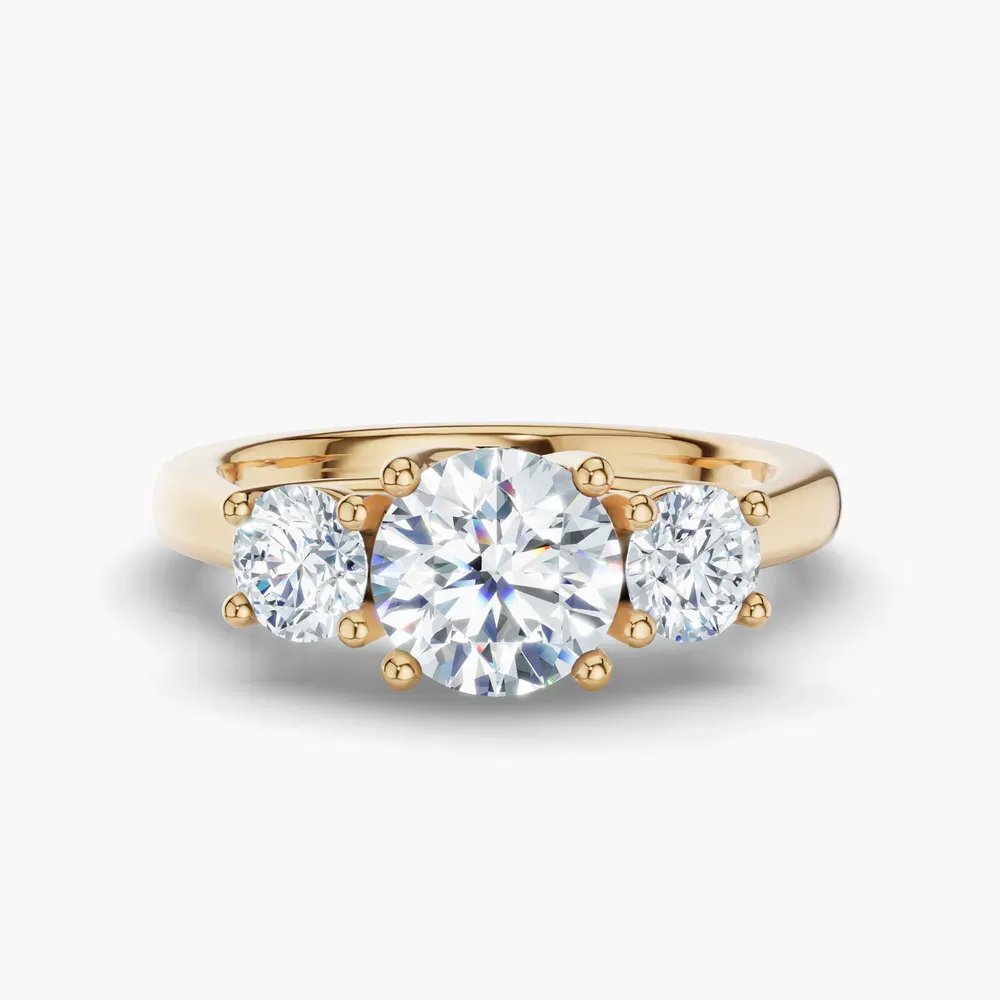 Certified 1 carat Lab Grown Diamond Round Cut Three Stone, Side Stone, Four Prong Engagement Ring in 18K Yellow Gold-Valeri