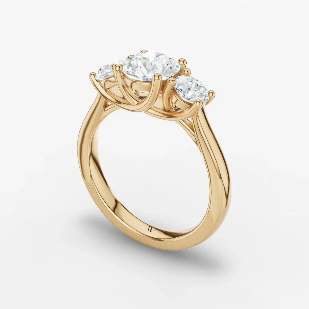 Certified 1 carat Lab Grown Diamond Round Cut Three Stone, Side Stone, Four Prong Engagement Ring in 18K Yellow Gold-Valeri