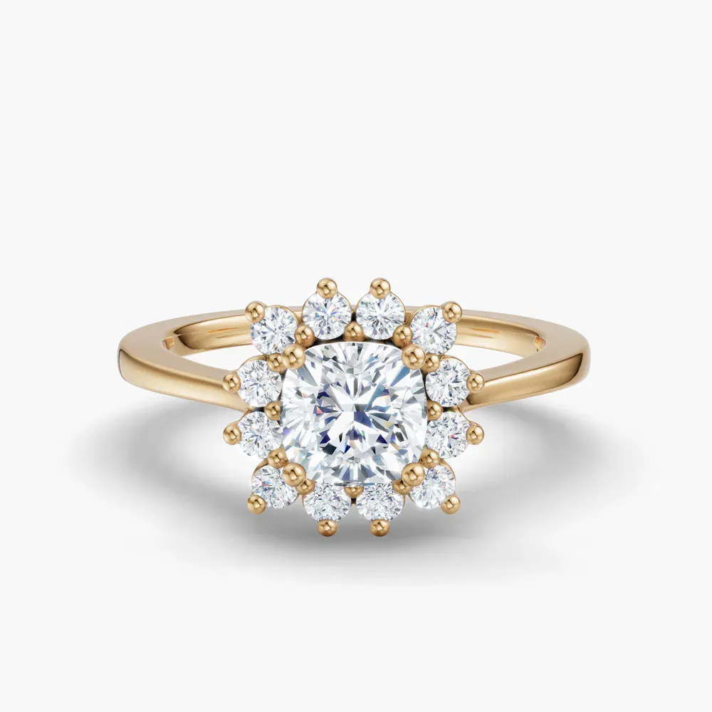 Certified 1 carat Lab Grown Diamond Cushion Cut Cathedral, Halo, Floral Engagement Ring in 18K Yellow Gold-Juncb
