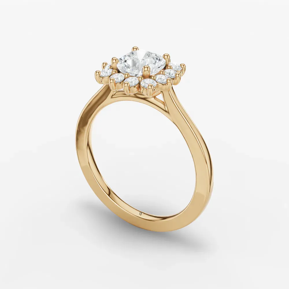 Certified 1 carat Lab Grown Diamond Cushion Cut Cathedral, Halo, Floral Engagement Ring in 18K Yellow Gold-Juncb