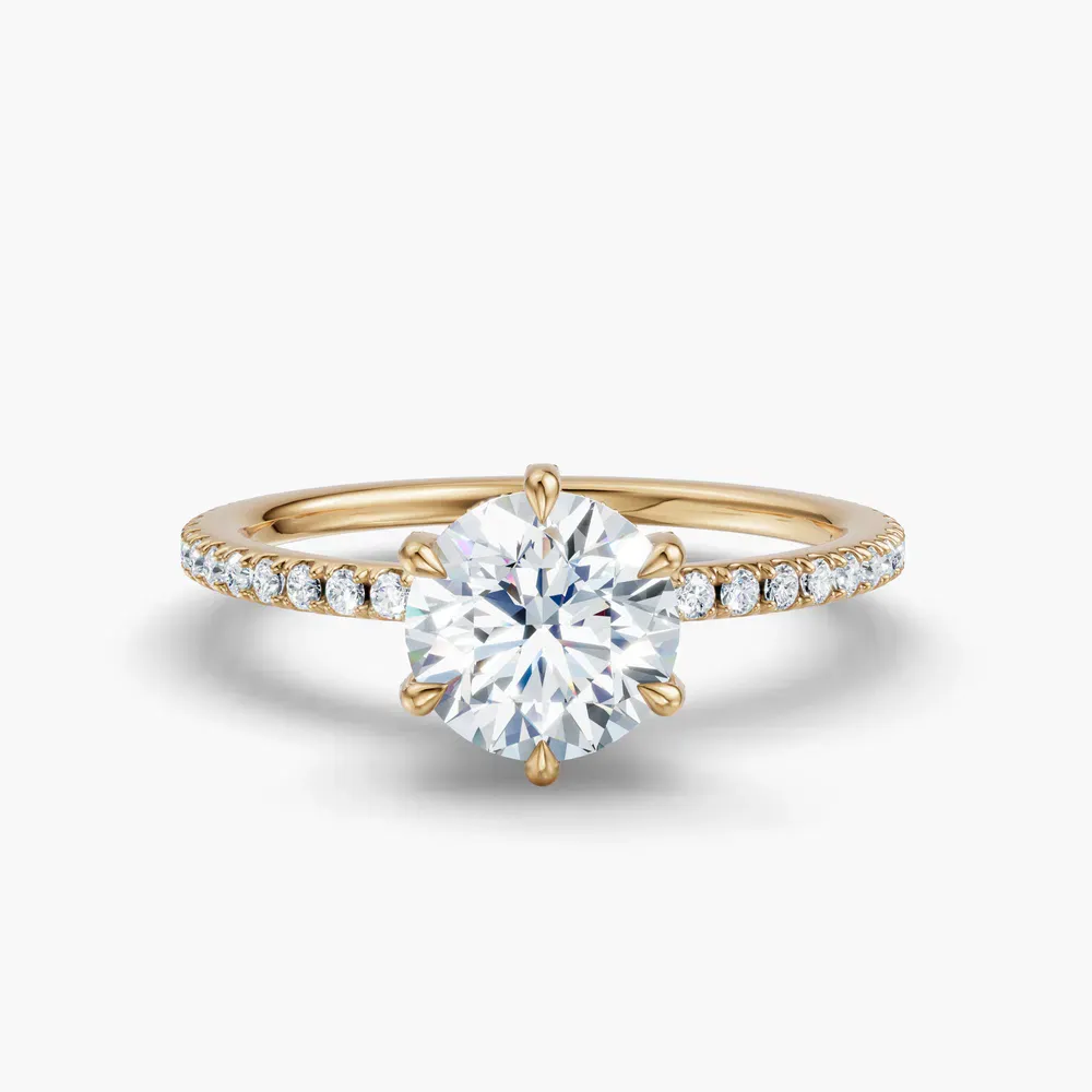 Certified 1 carat Lab Grown Diamond Round Cut Pavé, Hidden Halo, Six Prong Engagement Ring in 14K Yellow Gold-Elite Daphne