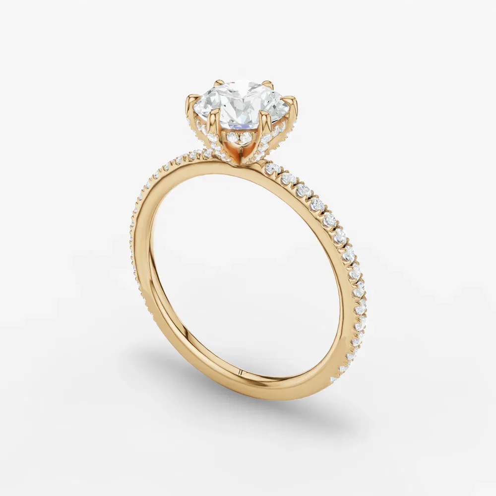 Certified 1 carat Lab Grown Diamond Round Cut Pavé, Hidden Halo, Six Prong Engagement Ring in 14K Yellow Gold-Elite Daphne