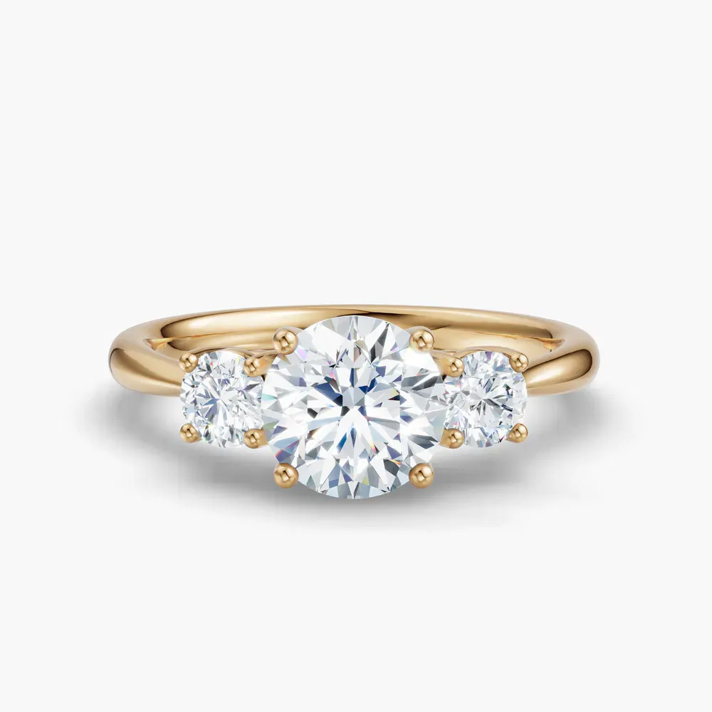 Certified 1 carat Lab Grown Diamond Round Cut Three Stone, Side Stone, Four Prong Engagement Ring in 14K Yellow Gold-Dhyra
