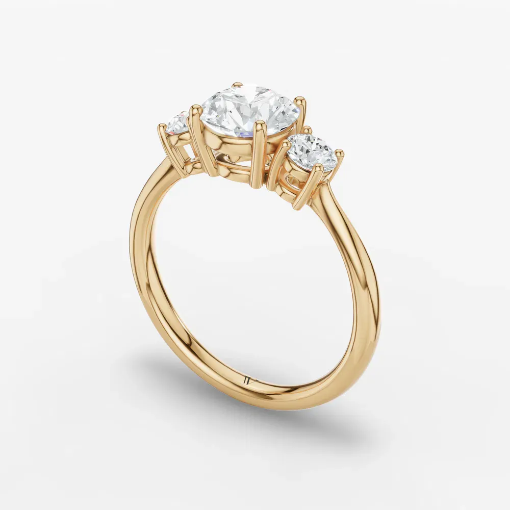 Certified 1 carat Lab Grown Diamond Round Cut Three Stone, Side Stone, Four Prong Engagement Ring in 14K Yellow Gold-Dhyra