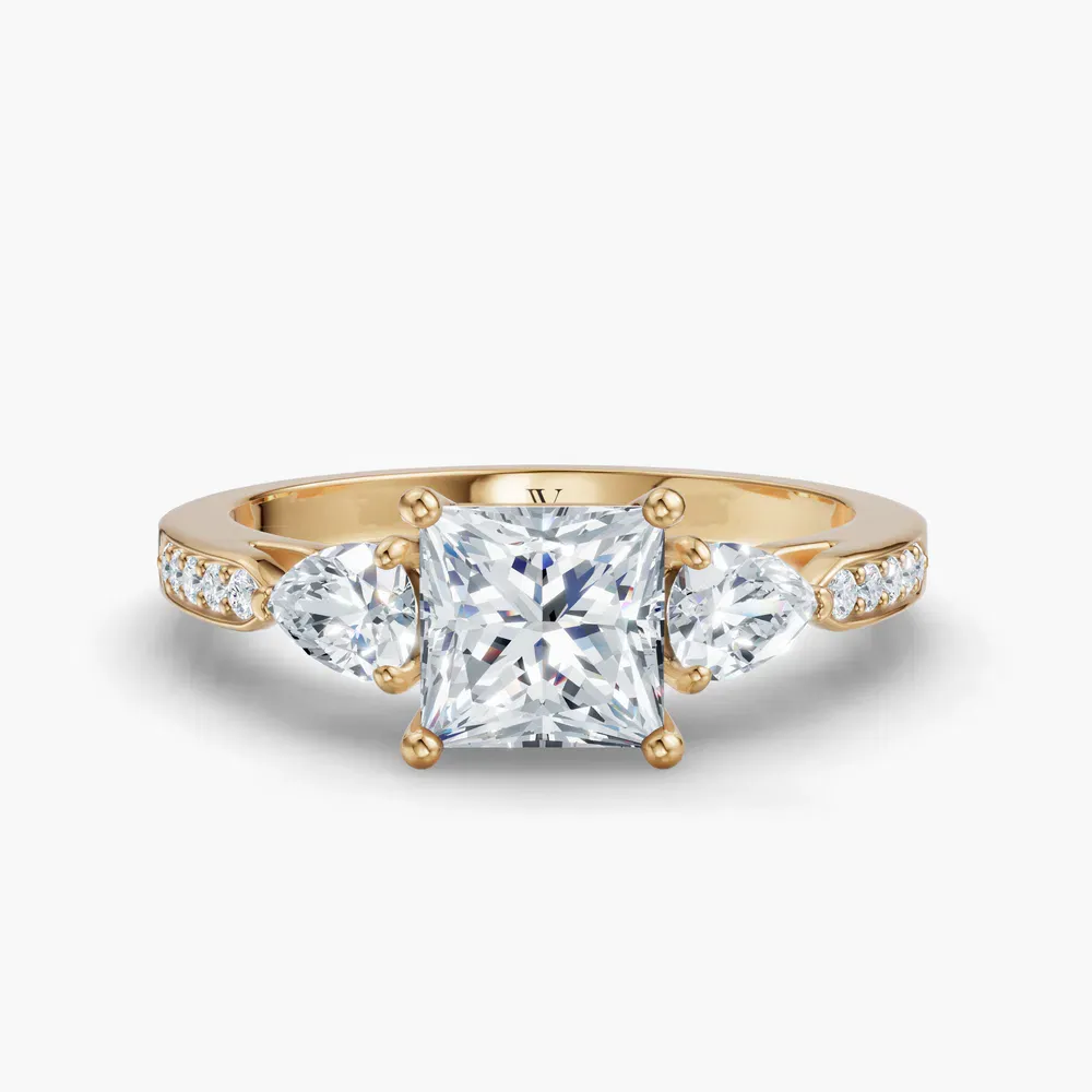 Certified 1 carat Lab Grown Diamond Princess Cut Three Stone, Pavé, Side Stone Engagement Ring in 14K Yellow Gold-Zevd