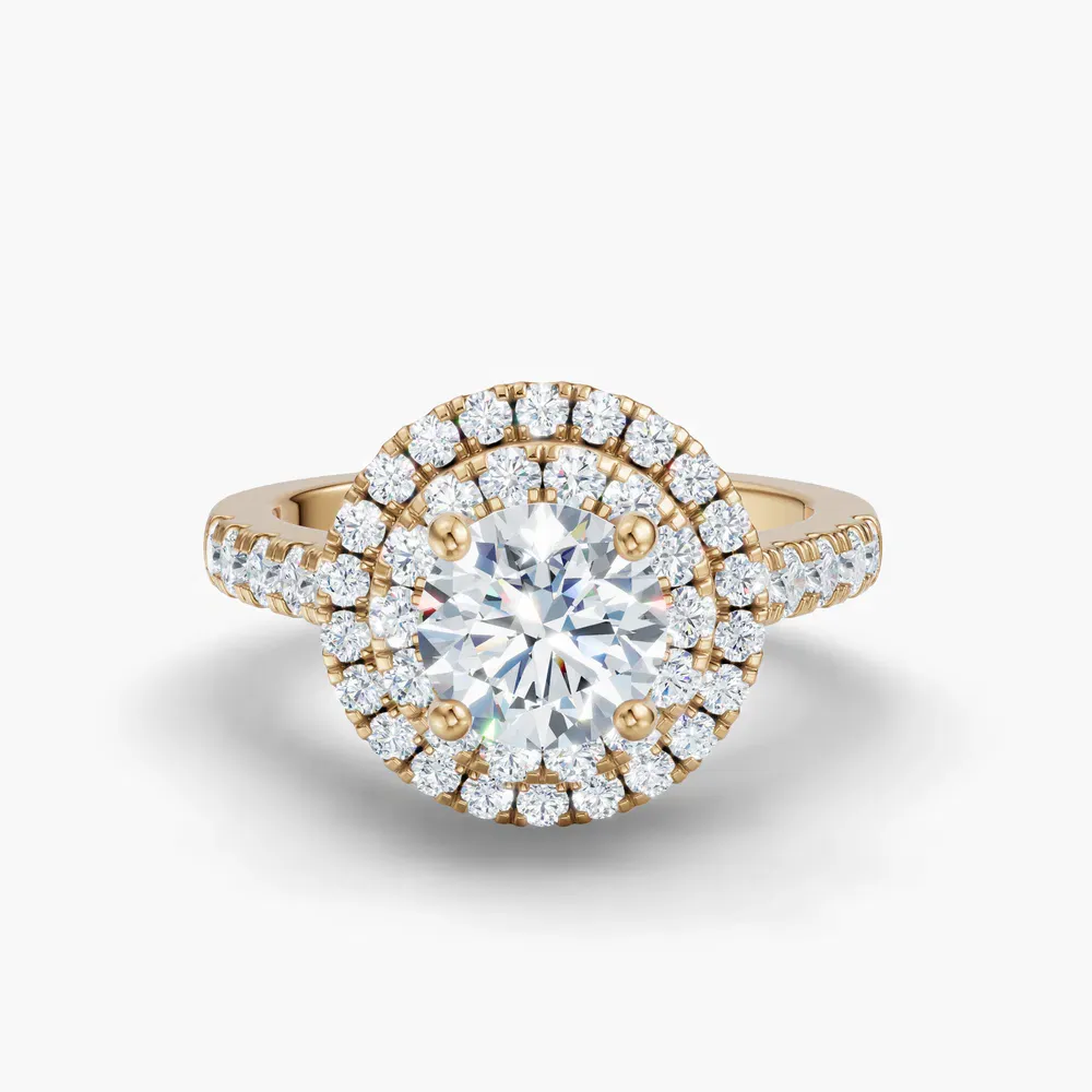 Certified 1 carat Lab Grown Diamond Round Cut Halo, Pavé, Double halo Engagement Ring in 18K Yellow Gold-Brexa