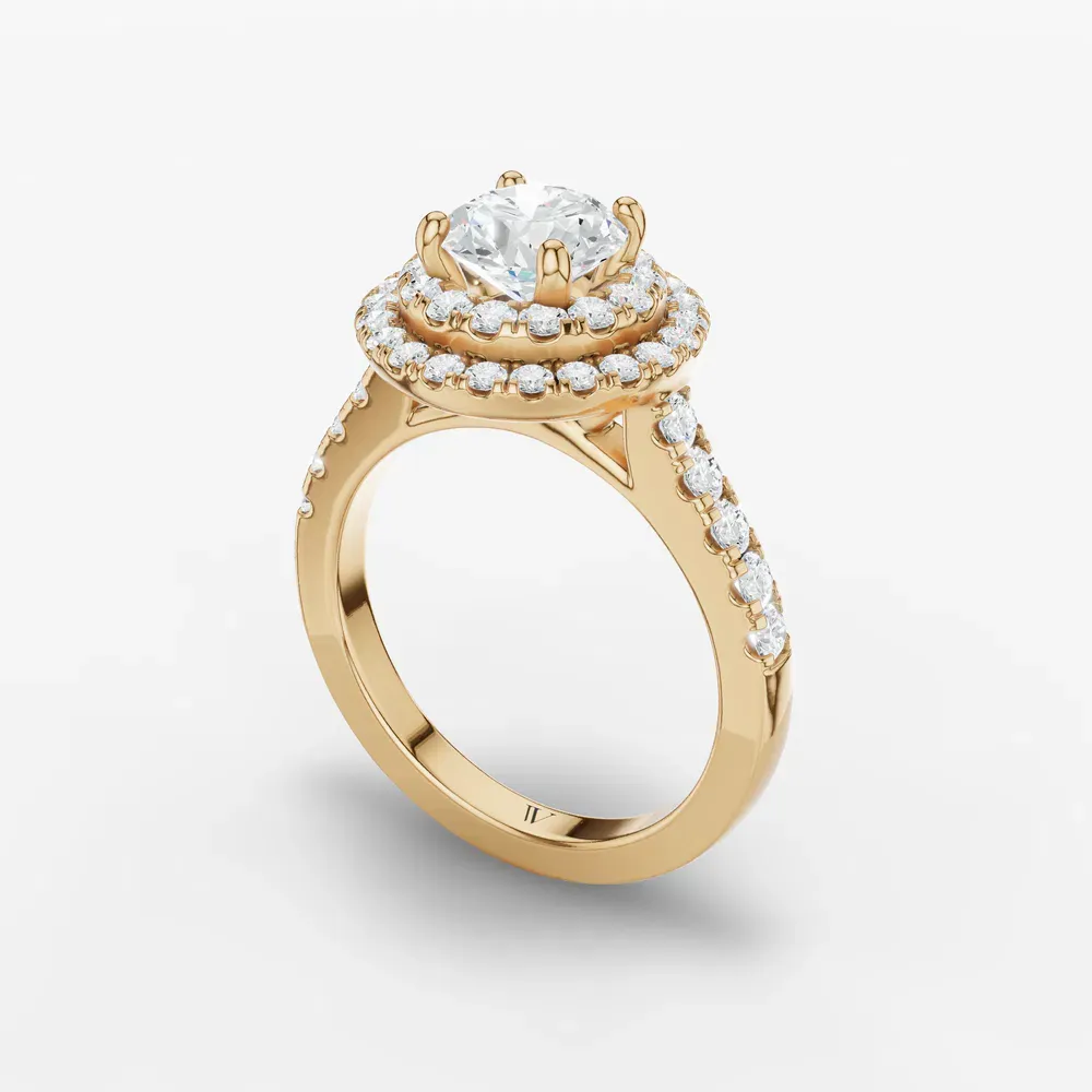 Certified 1 carat Lab Grown Diamond Round Cut Halo, Pavé, Double halo Engagement Ring in 18K Yellow Gold-Brexa
