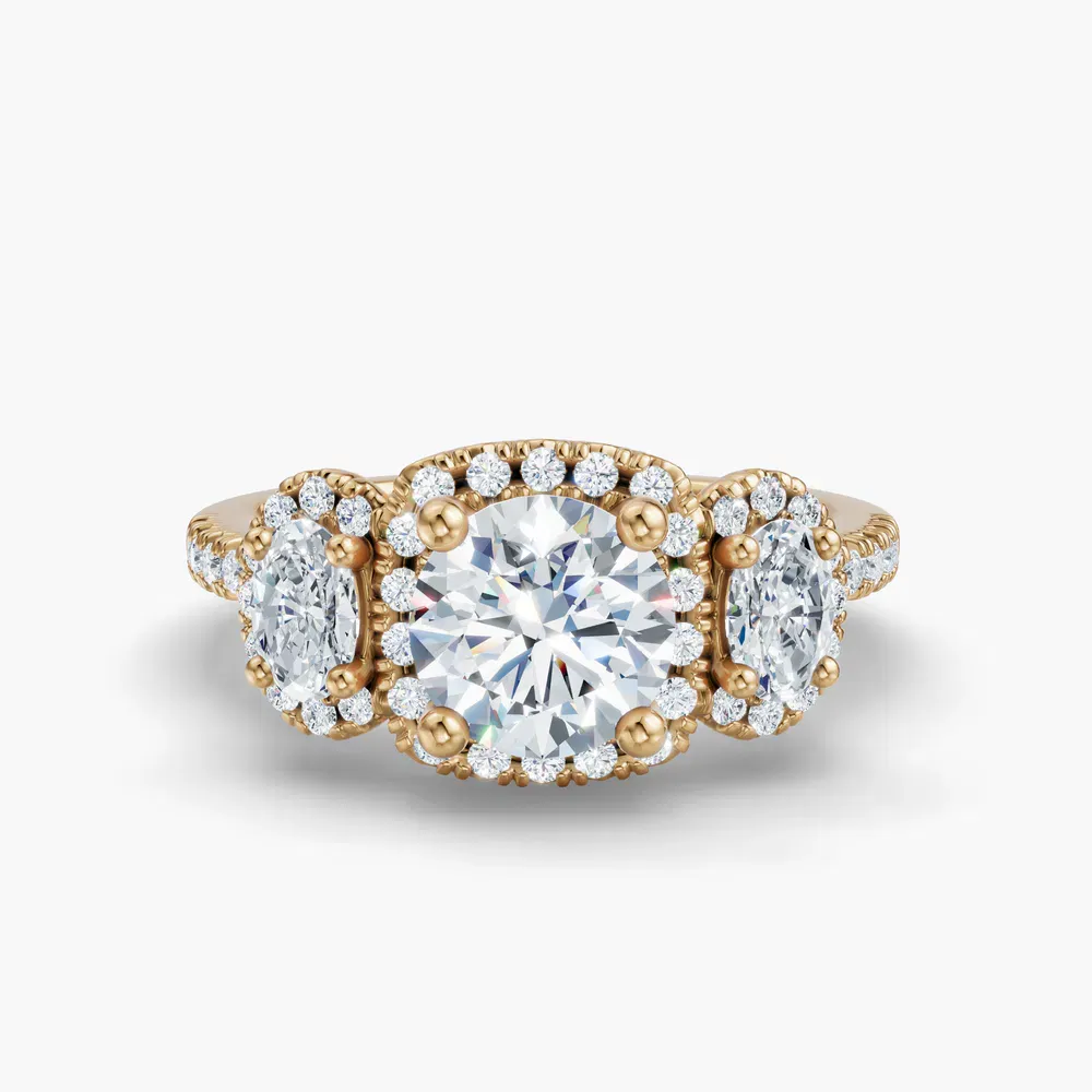 Certified 1 carat Lab Grown Diamond Round Cut Pavé, Three Stone, Halo Engagement Ring in 18K Yellow Gold-Norell