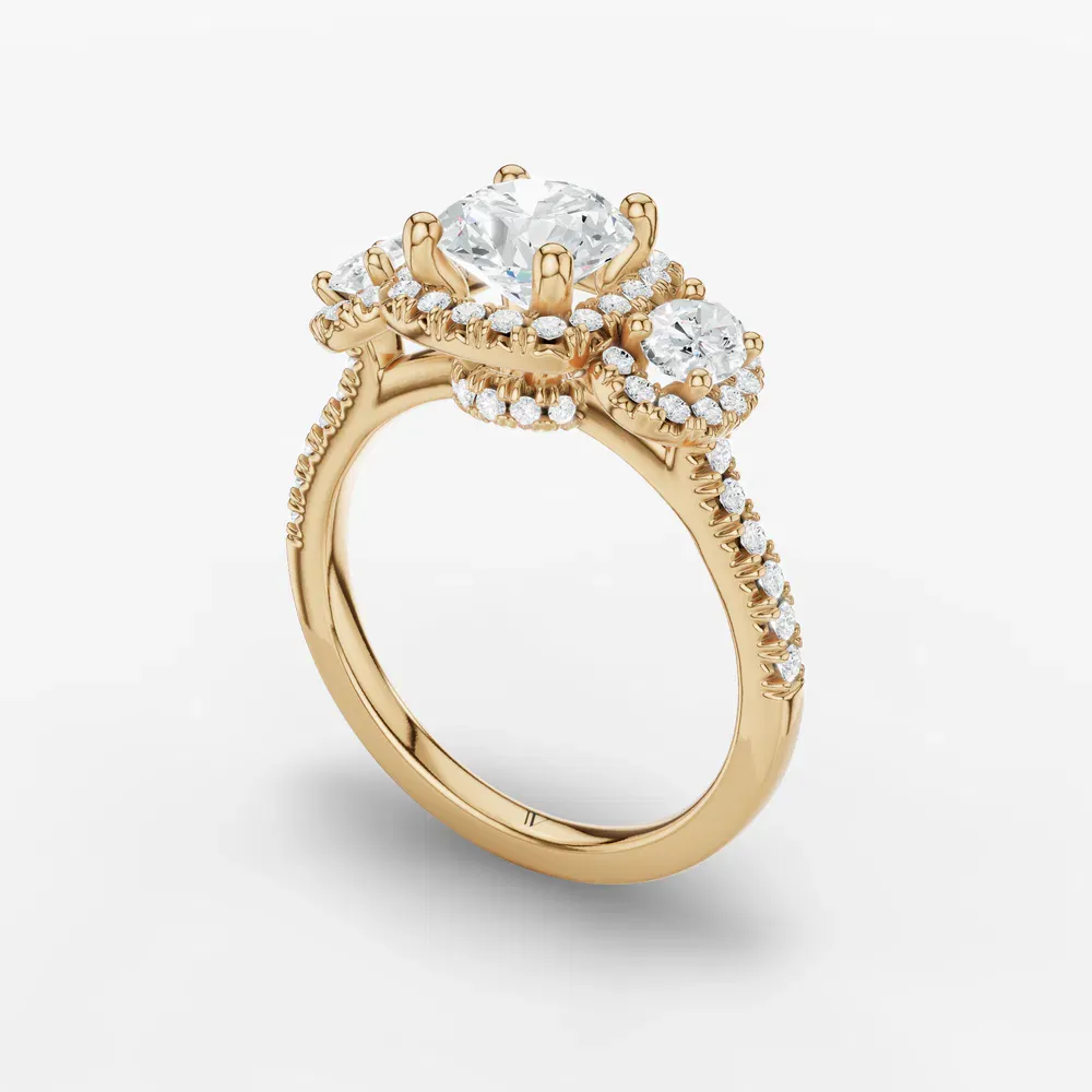 Certified 1 carat Lab Grown Diamond Round Cut Pavé, Three Stone, Halo Engagement Ring in 18K Yellow Gold-Norell