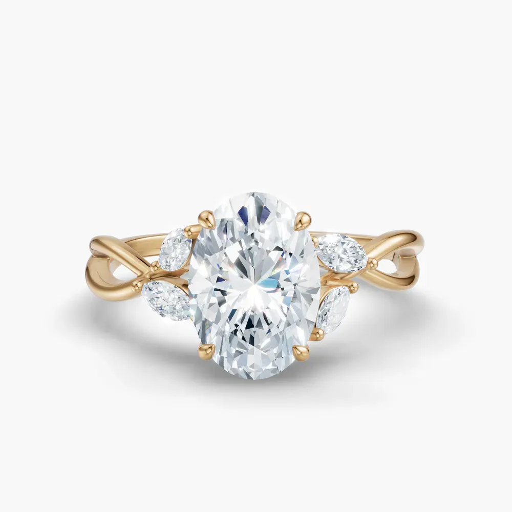 Certified 1 carat Lab Grown Diamond Oval Cut Twist, Split Shank, Side Stone Engagement Ring in 18K Yellow Gold-Mena