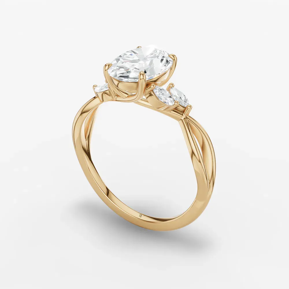 Certified 1 carat Lab Grown Diamond Oval Cut Twist, Split Shank, Side Stone Engagement Ring in 18K Yellow Gold-Mena