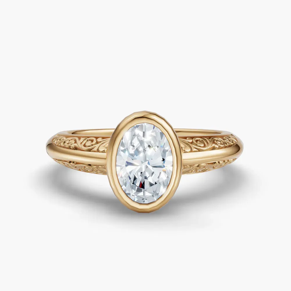 Certified 1 carat Lab Grown Diamond Oval Cut Solitaire, Vintage, Bezel Engagement Ring in 18K Yellow Gold-Veyra