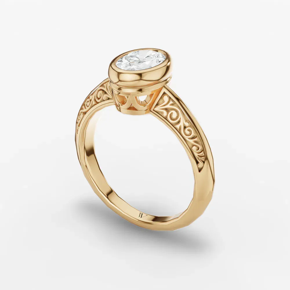 Certified 1 carat Lab Grown Diamond Oval Cut Solitaire, Vintage, Bezel Engagement Ring in 18K Yellow Gold-Veyra
