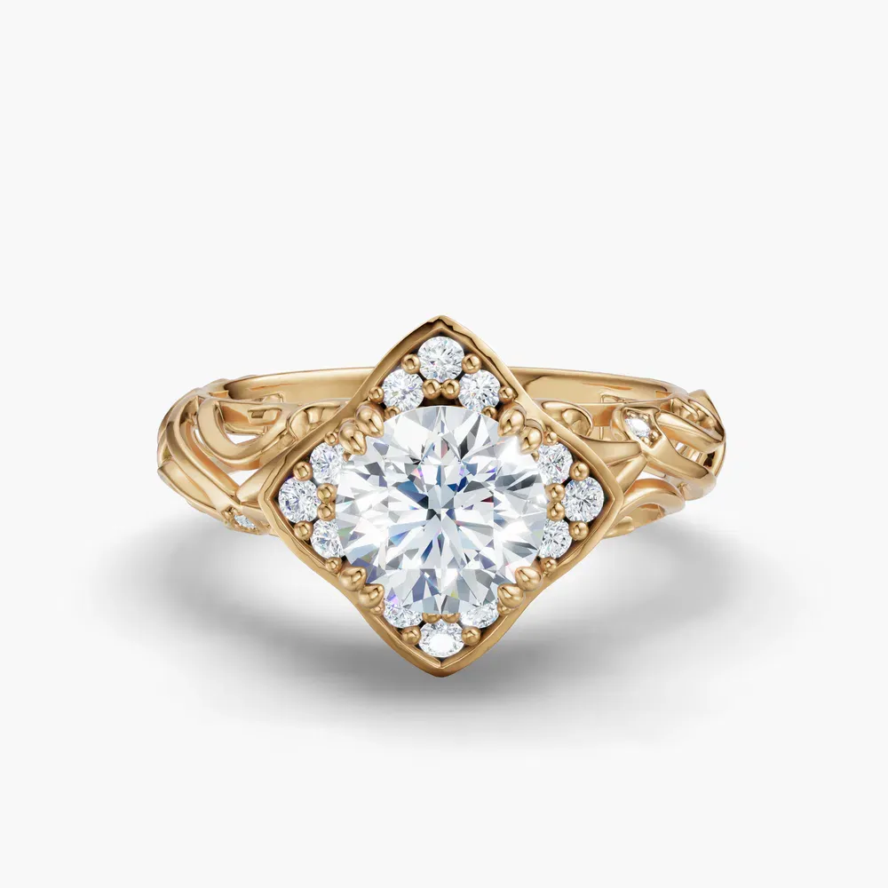 Certified 1 carat Lab Grown Diamond Round Cut Halo, Unique, Twist Engagement Ring in 14K Yellow Gold-Larimar