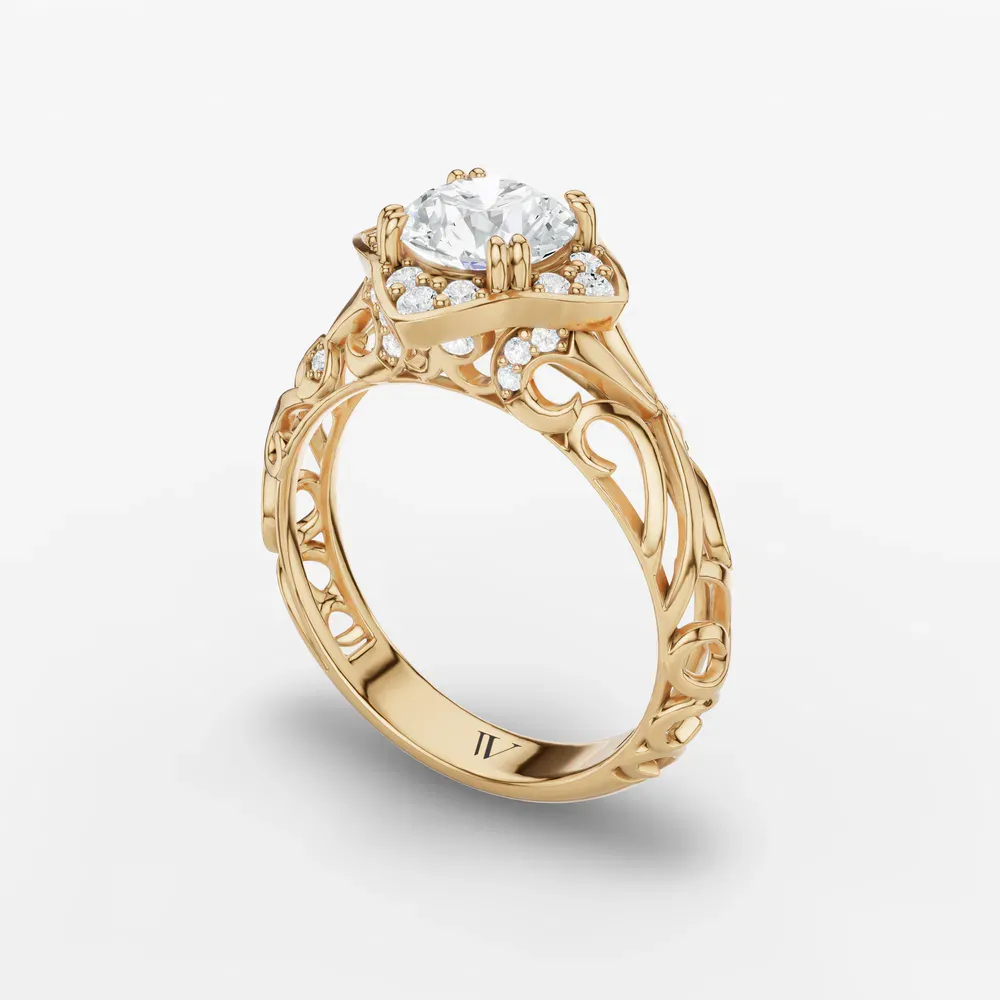 Certified 1 carat Lab Grown Diamond Round Cut Halo, Unique, Twist Engagement Ring in 14K Yellow Gold-Larimar