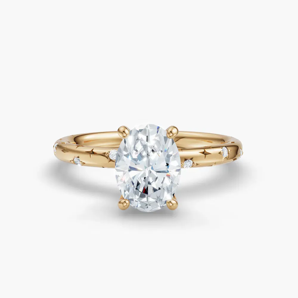 Certified 1 carat Lab Grown Diamond Oval Cut Hidden Halo, Unique, Side Stone Engagement Ring in 18K Yellow Gold-Celestyn