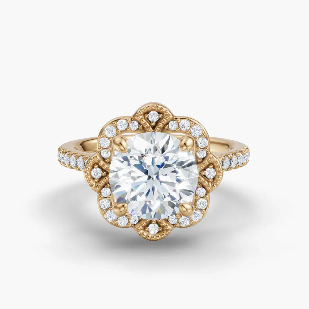 Certified 1 carat Lab Grown Diamond Round Cut Halo, Floral, Vintage Engagement Ring in 14K Yellow Gold-Willow