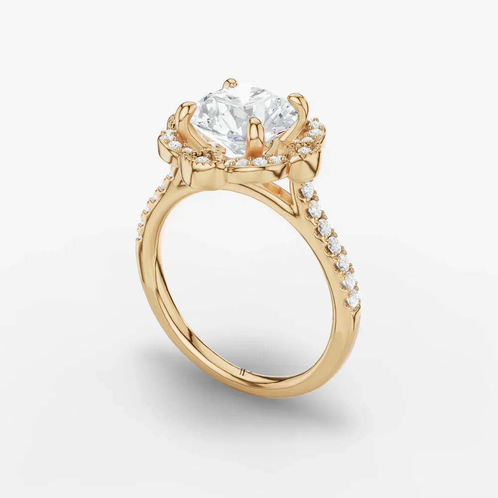 Certified 1 carat Lab Grown Diamond Round Cut Halo, Floral, Vintage Engagement Ring in 14K Yellow Gold-Willow