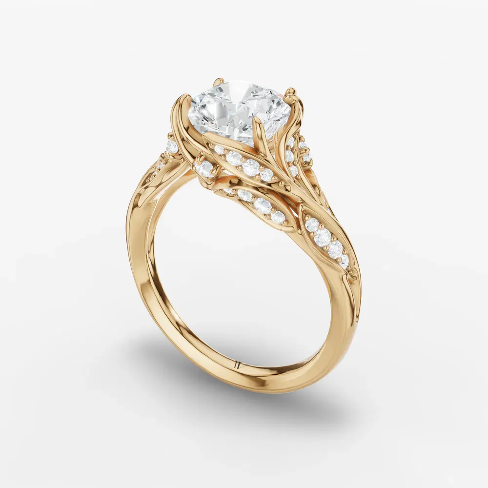 Certified 1 carat Lab Grown Diamond Cushion Cut Nature inspired, Twist, Pavé Engagement Ring in 18K Yellow Gold-Hush
