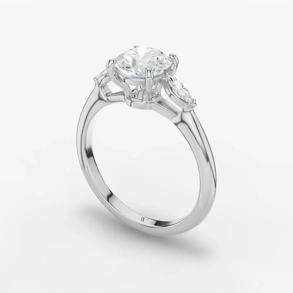Certified 1 carat Lab Grown Diamond Round Cut Three Stone, Four Prong, Side Stone Engagement Ring in 14K White Gold-Glow