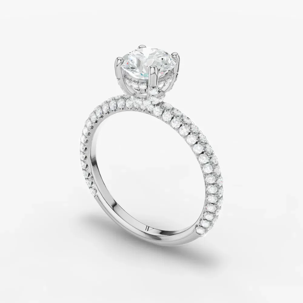 Certified 1 carat Lab Grown Diamond Round Cut Pavé, Hidden Halo, Four Prong Engagement Ring in 14K White Gold-Palith