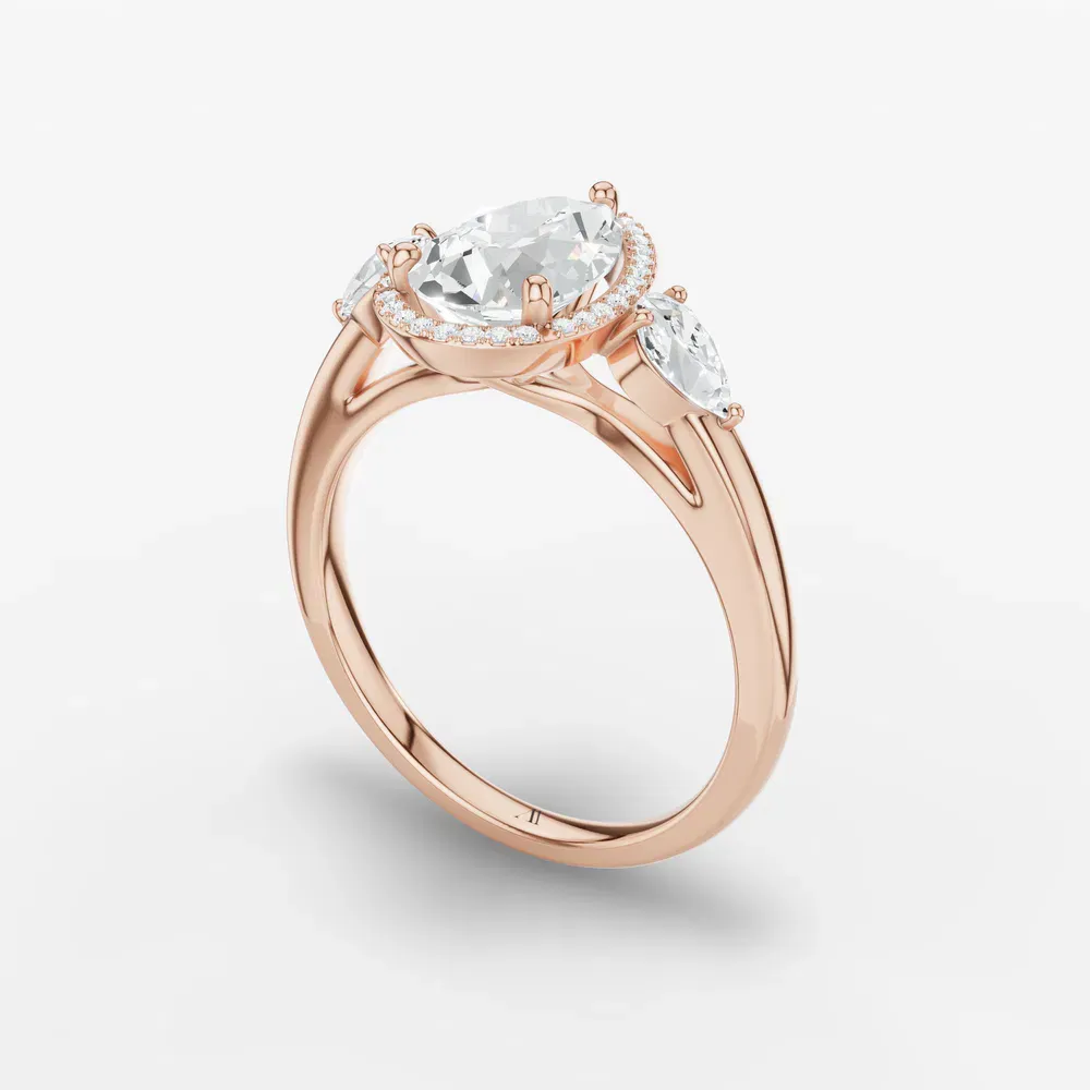 Certified 1 carat Lab Grown Diamond Pear Cut Halo, Cathedral, Three Stone Engagement Ring in 14K Rose Gold-Daren