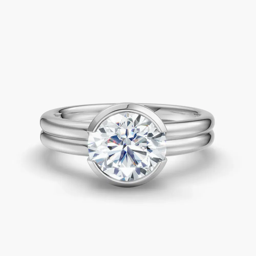 Certified 1 carat Lab Grown Diamond Round Cut Solitaire, Bezel, Modern Engagement Ring in 14K White Gold-Sena