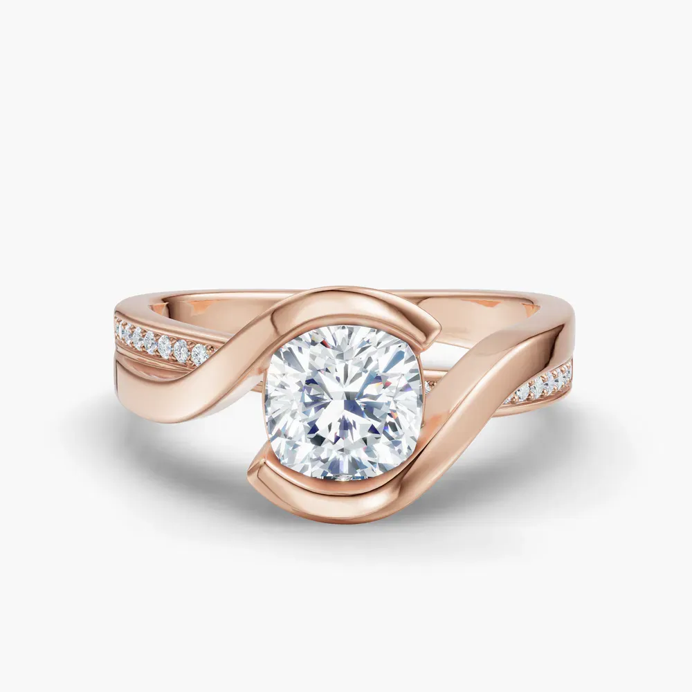 Certified 1 carat Lab Grown Diamond Cushion Cut Bezel, Modern, Split Shank Engagement Ring in 14K Rose Gold-Elara