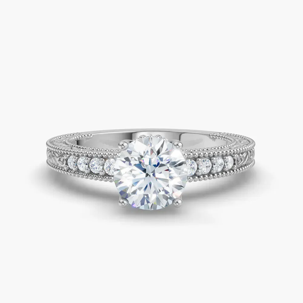 Certified 1 carat Lab Grown Diamond Round Cut Vintage, Milgrain, Side Stone Engagement Ring in 14K White Gold-Meren