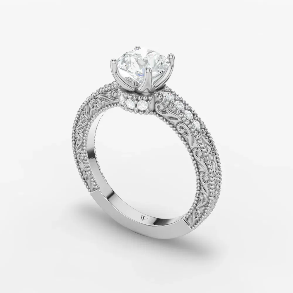 Certified 1 carat Lab Grown Diamond Round Cut Vintage, Milgrain, Side Stone Engagement Ring in 14K White Gold-Meren