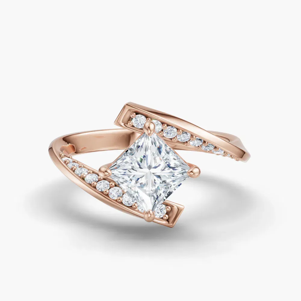 Certified 1 carat Lab Grown Diamond Princess Cut Modern, Unique, Pavé Engagement Ring in 14K Rose Gold-Lirene