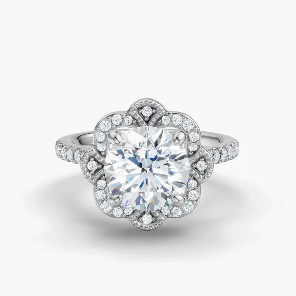 Certified 1 carat Lab Grown Diamond Round Cut Halo, Floral, Vintage Engagement Ring in 14K White Gold-Willow